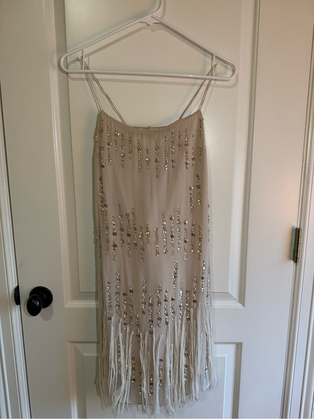 Free People Beige Beaded Fringe Mini Dress